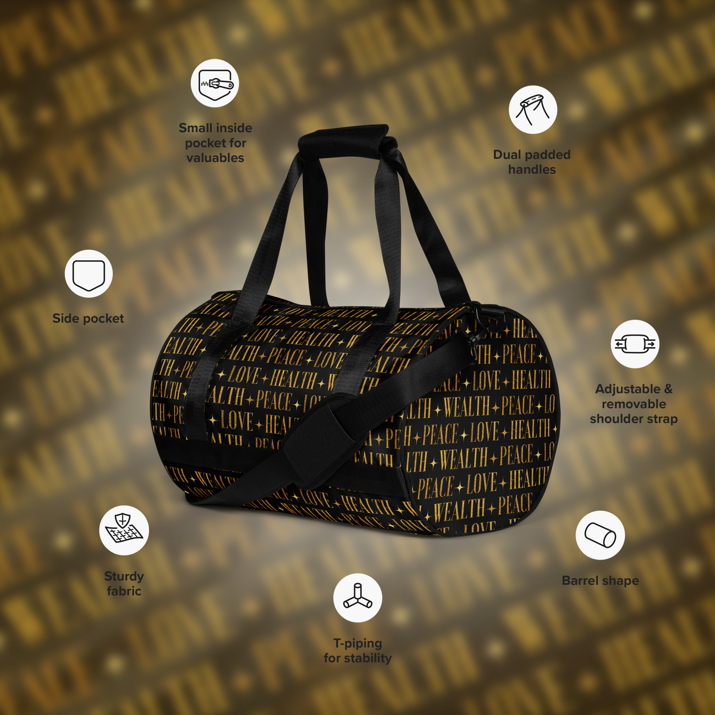 PEACE+LOVE+HEALTH+WEALTH - Essence Gym-Bag