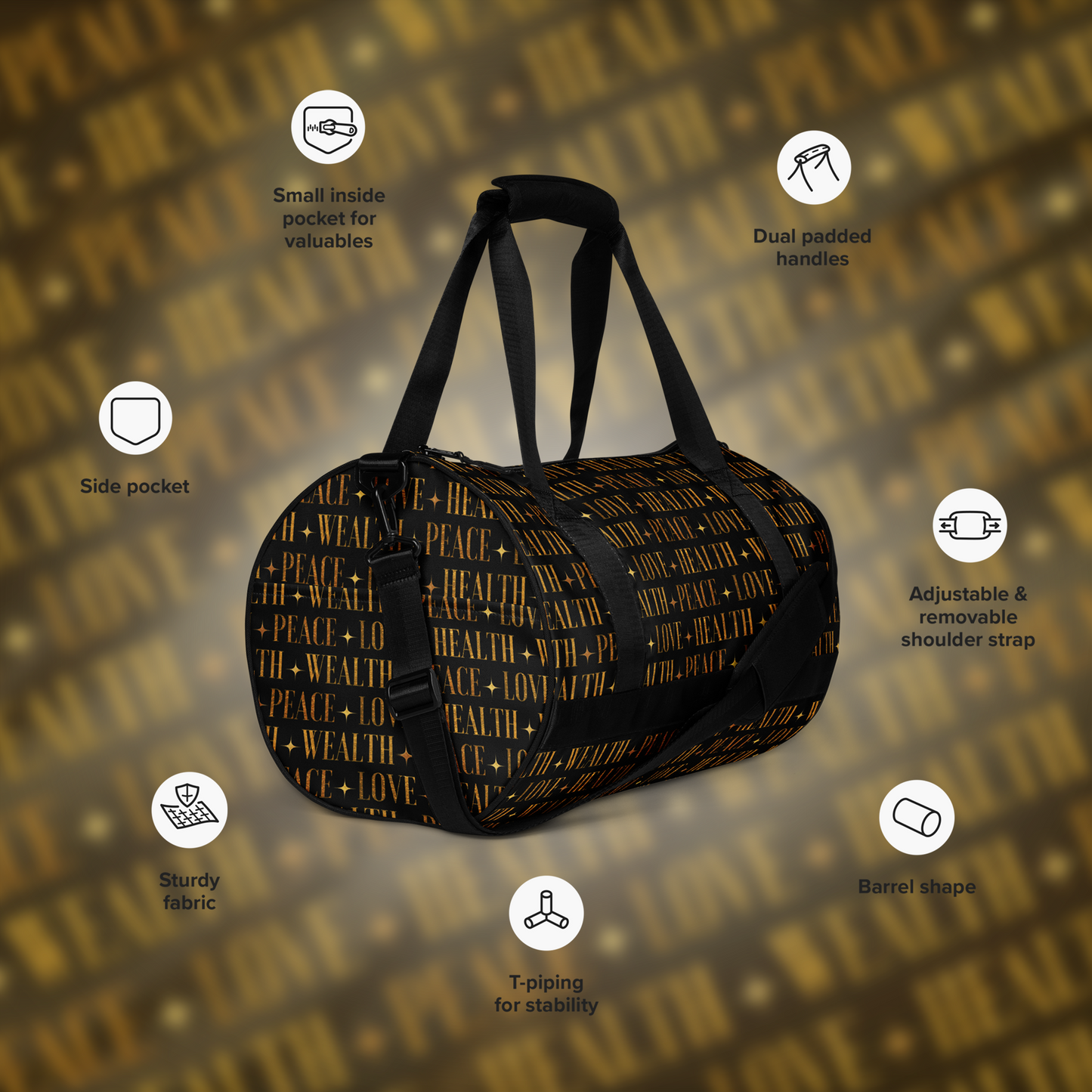 PEACE+LOVE+HEALTH+WEALTH - Essence Gym-Bag